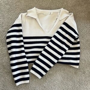 Altar'd State navy White Striped V-Neck Sweater crop long sleeve sweater collar